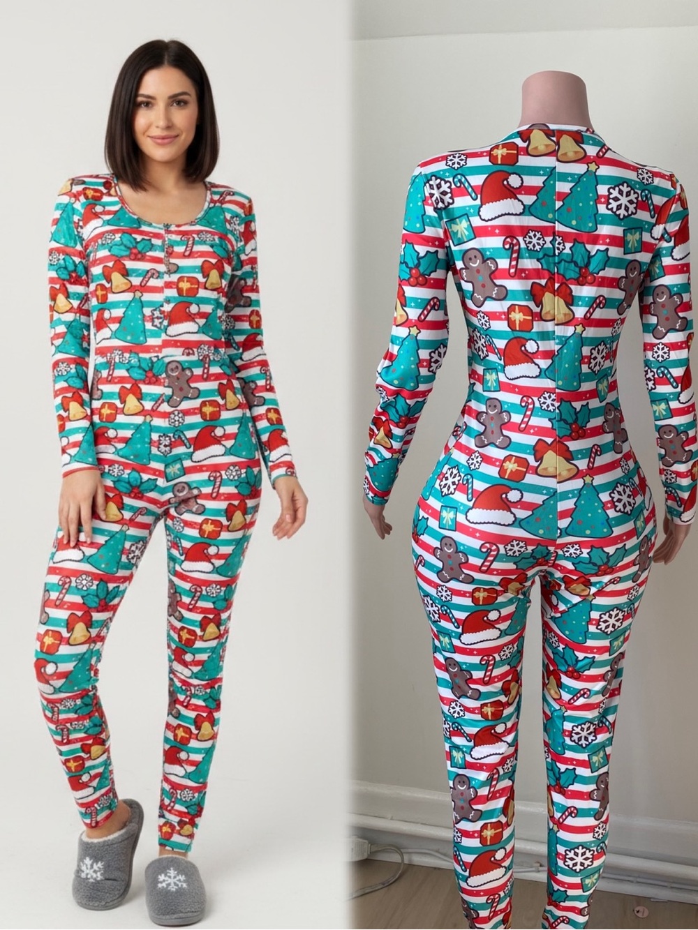 Women’s Holiday Print Long-Sleeve Jumpsuit Pajamas